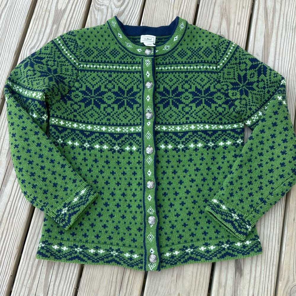 L.L. Bean Green and Navy Cardigan Sweater